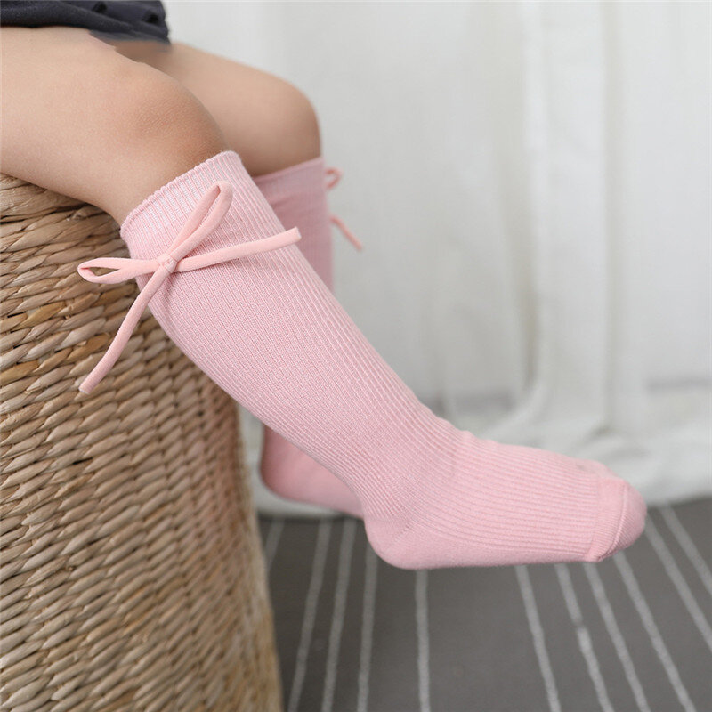 Kaus Kaki Setinggi Lutut Anak-anak Musim Gugur Kaus Kaki Panjang Datar Simpul Kupu-kupu Anak Laki-laki Anak Perempuan Bayi Katun Lembut Socken Putri Solid untuk 0-7 Tahun