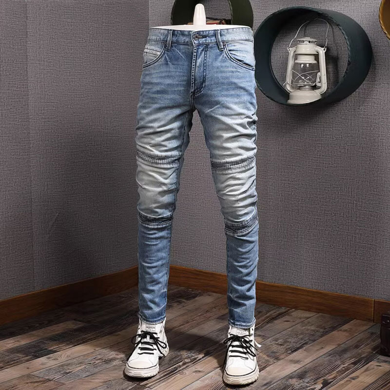 Fashion celana Jeans pria, pakaian jins Retro biru Stretch Slim Fit Splice Biker Jeans Homme tambalan desainer celana Denim Hip Hop pria