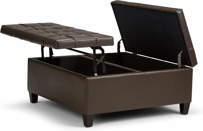 Falso couro footstool para mesa de centro, marrom e marrom falso couro, 36 polegadas de largura, para cocktail e sala de estar