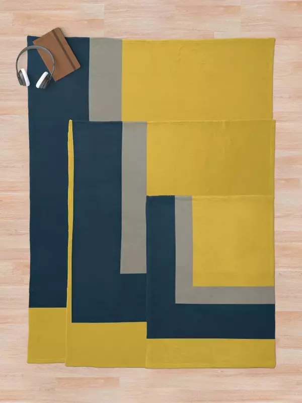 Manta de medio marco con patrón geométrico minimalista 2 en amarillo mostaza, azul marino y gris, regalo divertido, mantas para niños