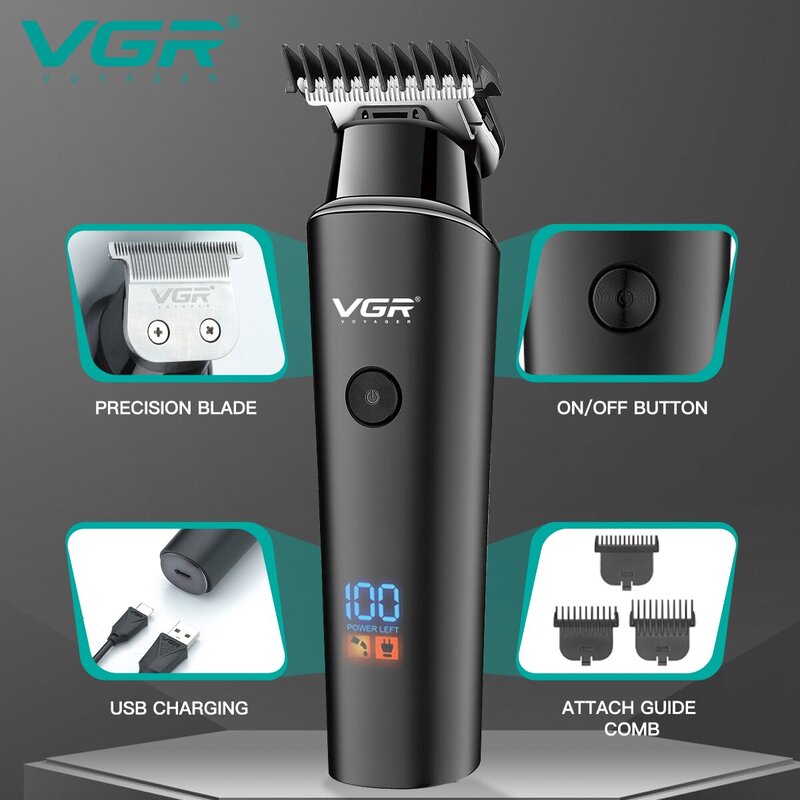 VGR Hair Trimmer Profissional Aparadores elétricos Cordless Hair Clipper recarregável Display LED V 937
