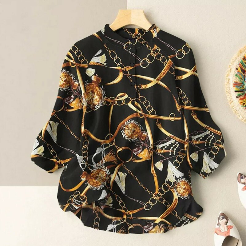 Fashion Chained Casual Loose Ladies Shirts  Print Long Sleeve Shirt Turn-Down Collar Single Breasted Mid Length Version Shirts
