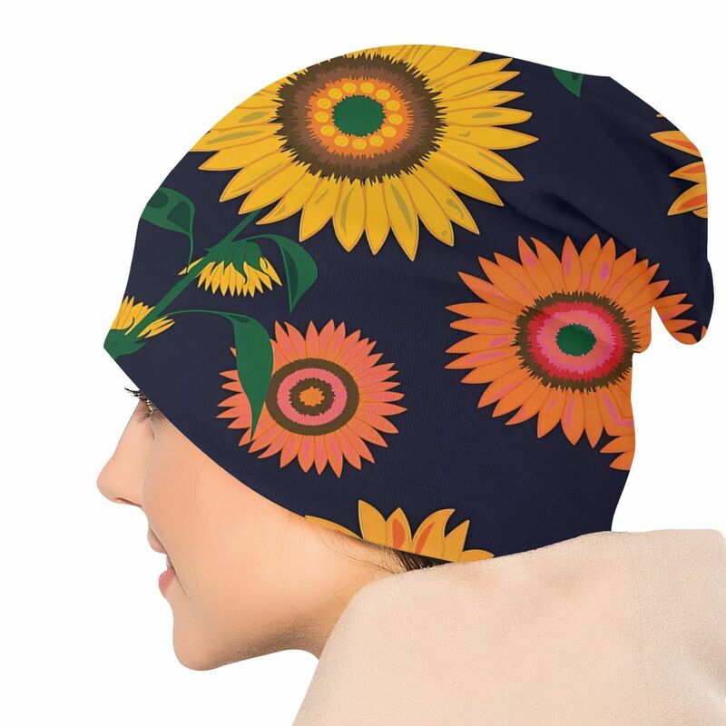 Tanaman bunga matahari kupluk tipis Pria Wanita, topi beanie olahraga abstrak hitam untuk pria dan wanita