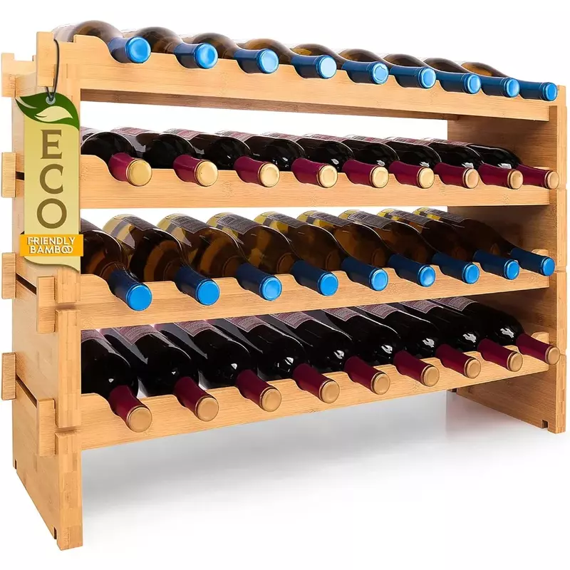 Estante de vino apilable de bambú, 4 niveles, 36 botellas de capacidad, piso de pie libre, sin ensamblaje de herramientas, soporte para botellas de vino