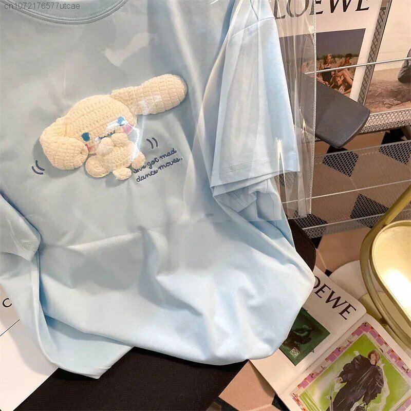 Desenhos animados femininos Cinnamorolls Kawaii camiseta solta, top azul claro, roupas da moda, moda estudantil, design original, verão, novo, fofo