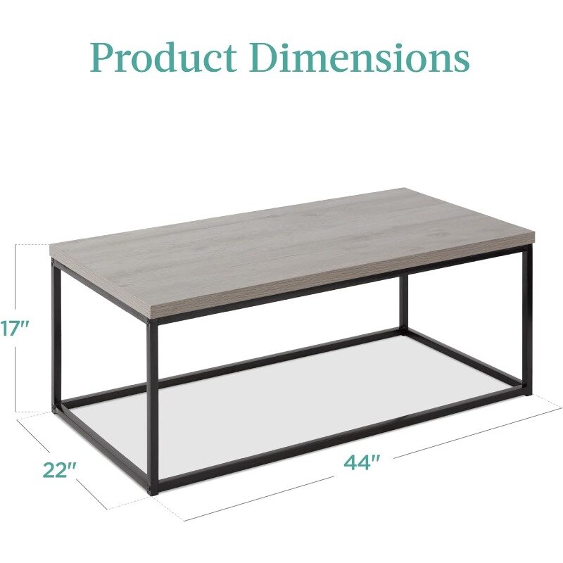 Кофейный столик прямоугольный с отделкой под дерево, мебель с деревенским акцентом для гостиной с металлической рамкой, 44in