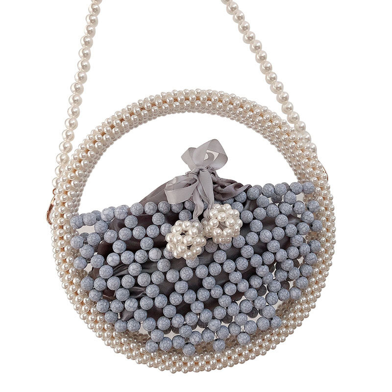 Bolso de mano con perlas redondas huecas para mujer, bolsa de playa elegante, hecho a mano, estilo coreano, 2022