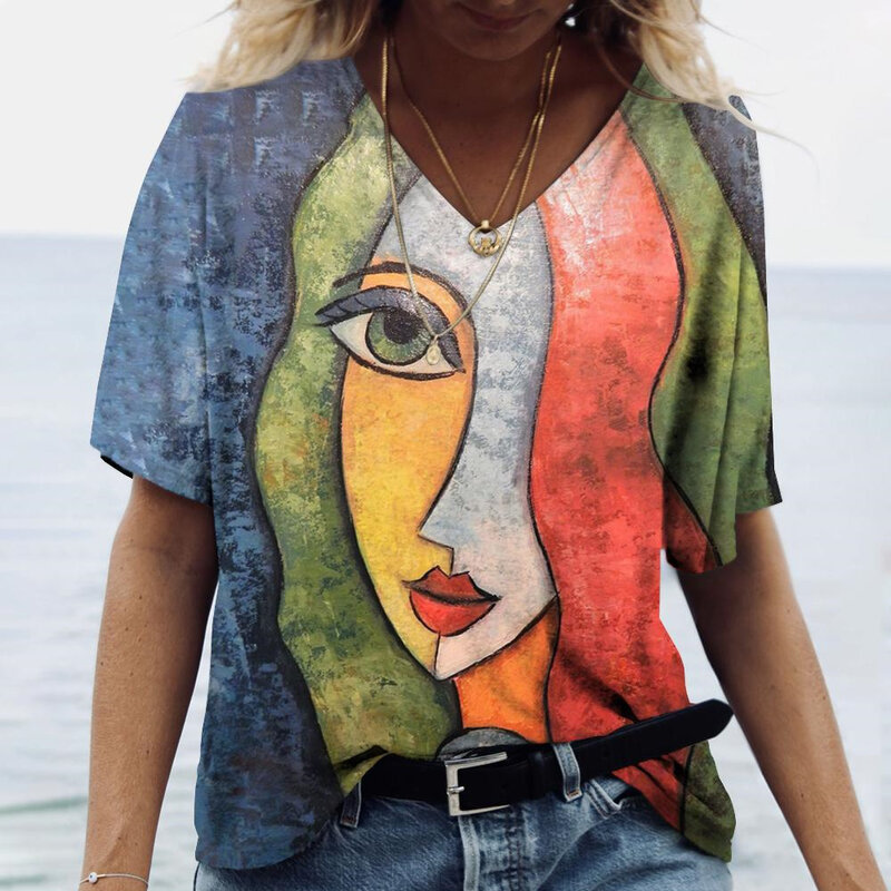 T-shirt Wanita Pakaian Anak Perempuan Gambar Wajah Seni Abstrak Atasan Lengan Pendek Klasik Ukuran Besar 3D Streetwear Kasual Fashion Wanita