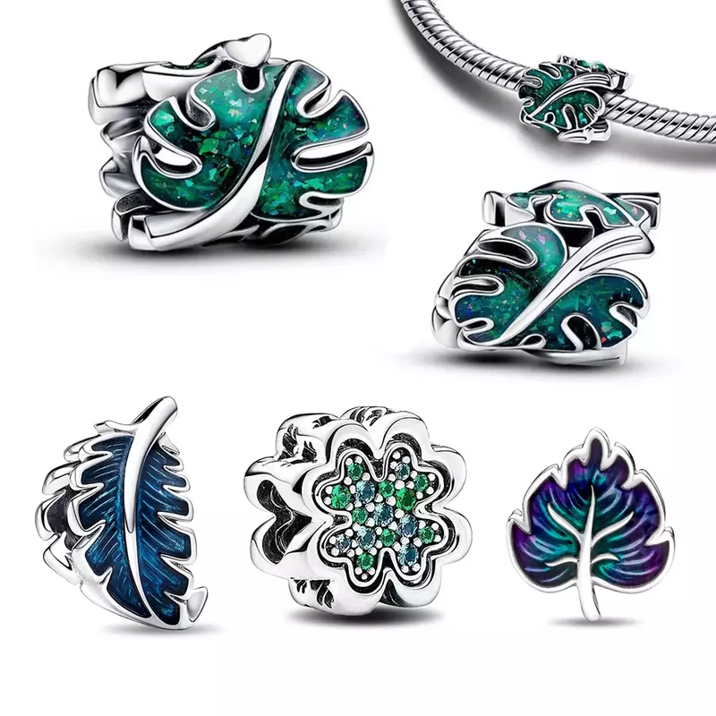925 Sterling Silver Charm Green Monstera Leaves Charm Fit Pandora Bracelet Original Charm Bead for Jewelry DIY Making Gift