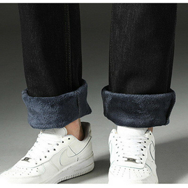Мужские зимние джинсы, свободные эластичные прямые флисовые брюки, размер 150 кг