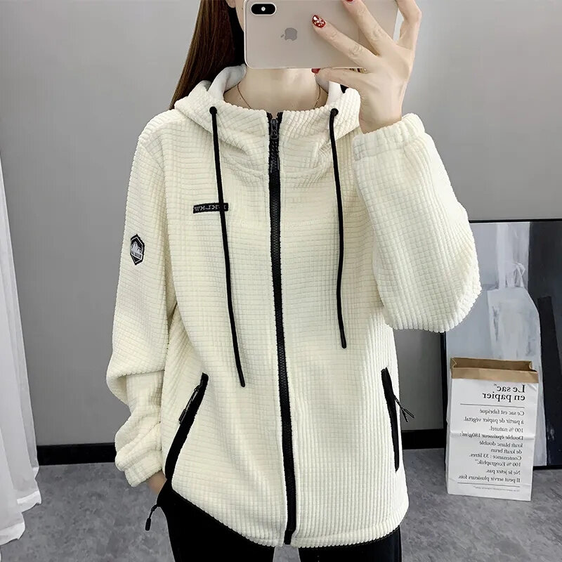 Female Advanced Hood Outdoor Fleece Jacket For Women's New Autumn Winter Plush And Thick Insulation Cardigan, Loose Casual Top