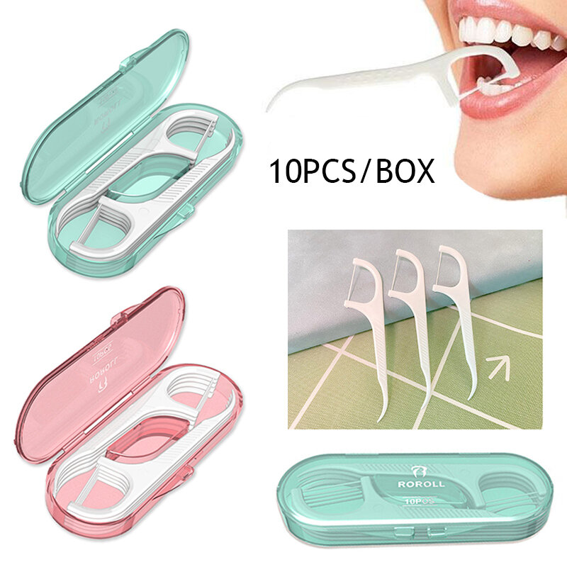 Portable Plastic Floss Toothpick Set com Estojo de Armazenamento Escova Interdental Reutilizável Dental Floss, Dentes Limpador, 10Pcs por Caixa