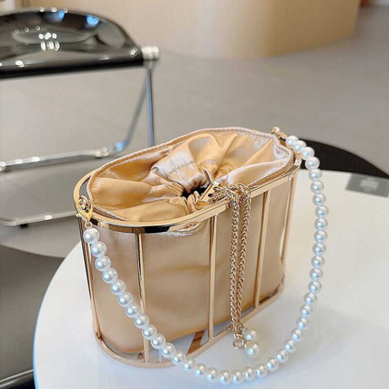 Pearl Basket Hollow Out Bucket Evening Bag Women 2024 Luxury Designer Handmade Metallic Clutch Bag Lady Shoulder Crossbody Bag