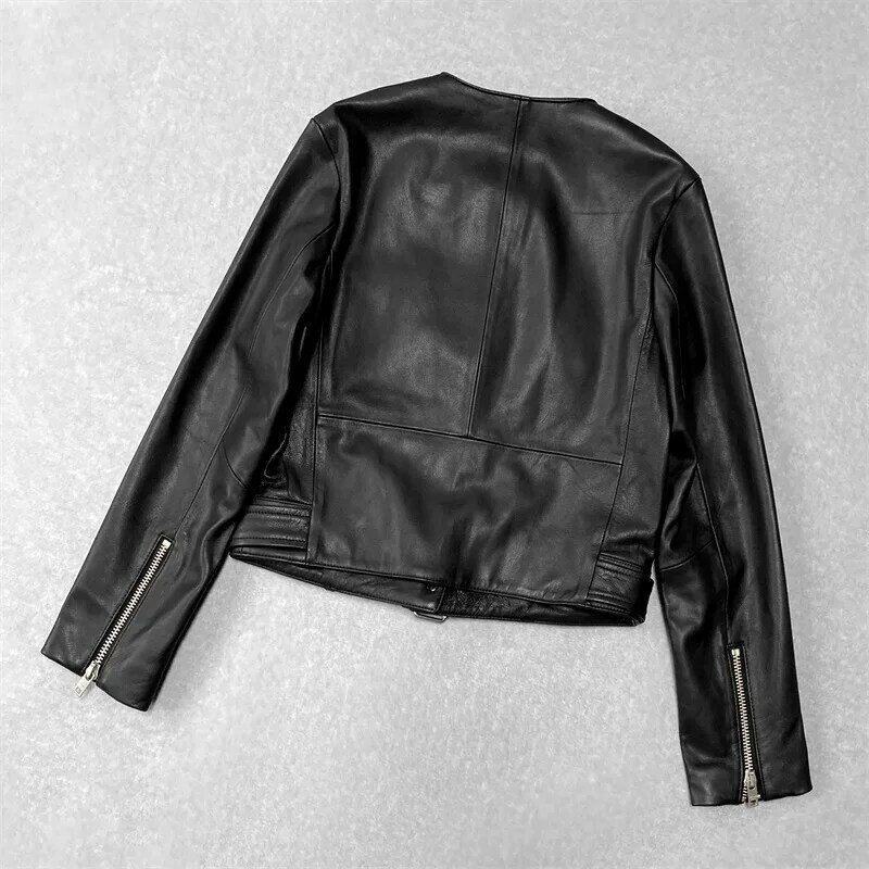 Women's Genuine Leather Jacket Autumn O-Neck Single-Breasted Pockets Belt Slim Black Versatile Short Streetwear Sheepskin Coat