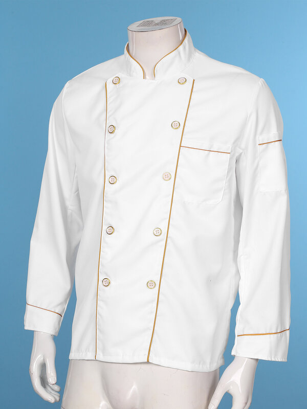 Jaket koki seragam putih Hotel restoran dapur toko roti berdiri kerah kancing bawah warna kontras Trim memasak Jaket Pria Wanita