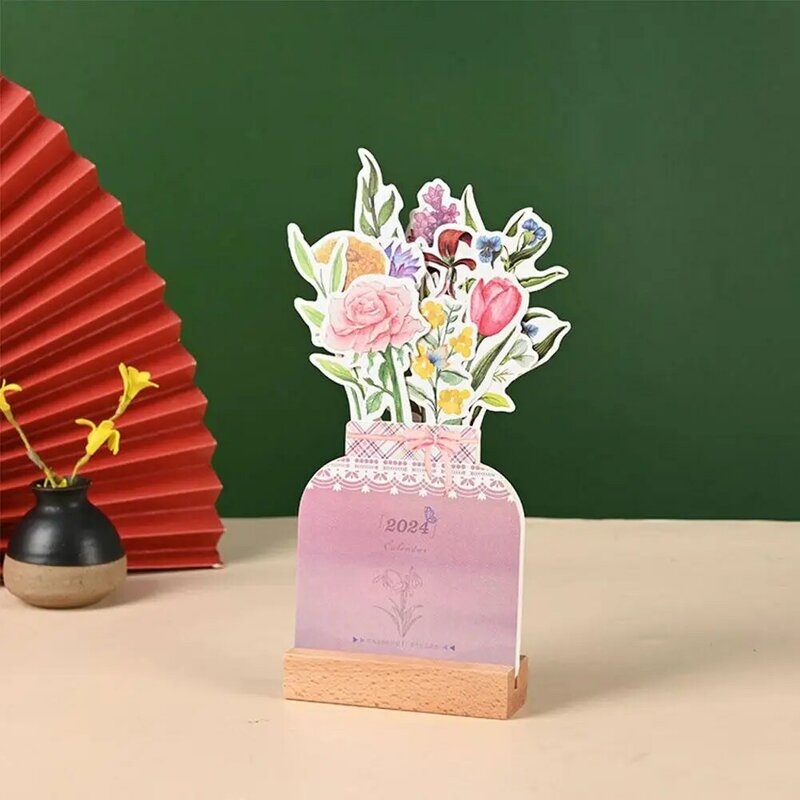 Requintado Floral Girl Desktop Calendário, Moldura De Madeira, Flores Bloomy Desk, Bonito Criativo, Mini Notepad, 1Pc, 2024