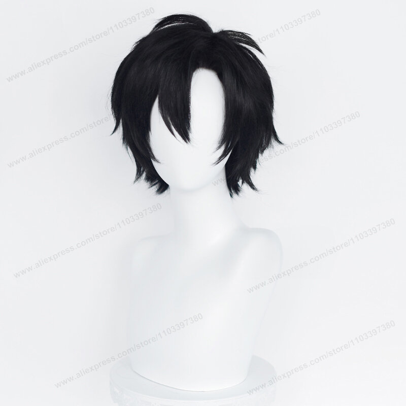 Cheng Xiaoshi Wig Cosplay 30cm rambut pria hitam pendek Wig Cosplay Anime tahan panas Wig sintetis