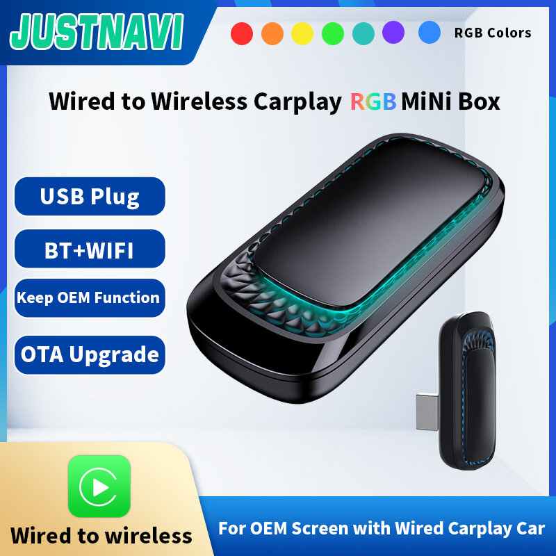 JUSTNAVI com fio para CarPlay sem fio, AI Box Adapter para carro estéreo OEM, USB Plug and Play, Smart Link, Phone CarPlay, automático