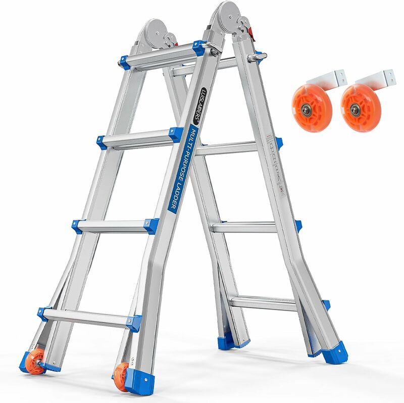LUISLADDERS Ladder, A Frame 4 Step Ladder Telescoping Ladder, 17 Ft Reach Height Muti Position Folding Ladder Flared Leg & Wheel
