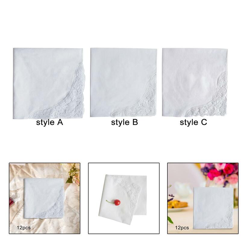 12x White Handkerchief Wipe The Sweat Towels 35cm with Lace Edge DIY Wedding Hankies for Casual Birthday Grooms Prom Bride Gift