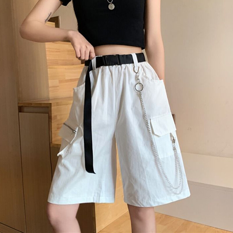 Rimocy Harajuku Chain Cargo Shorts Women 2024 Summer Big Pockets Wide Leg Shorts Woman Black High Waist Streetwear Shorts Female