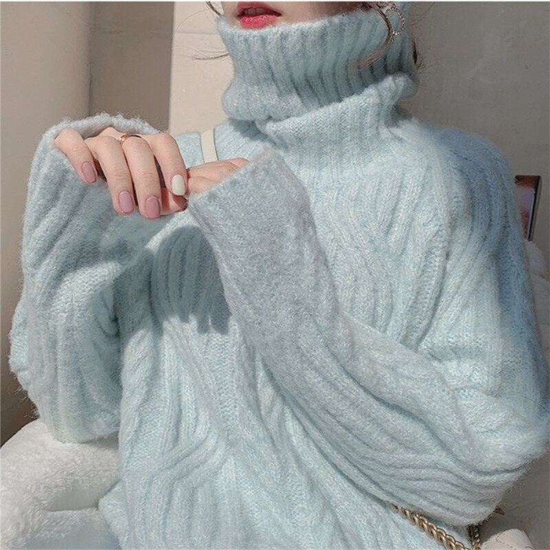 Camisola de fundo de gola alta azul para mulher no outono e inverno, engrossado, malha solta