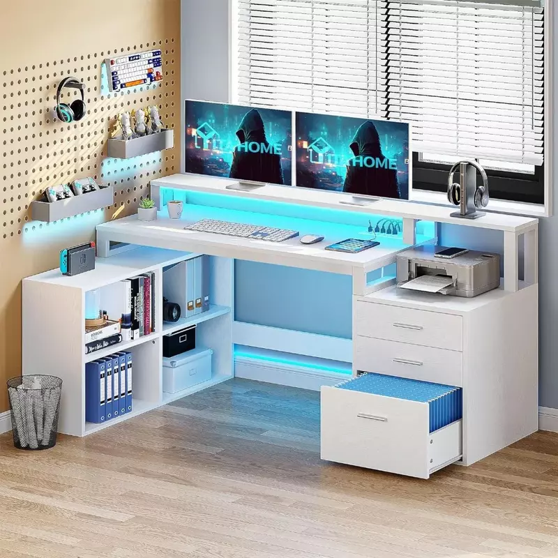 L Shaped Desk with Power Outlets LED Lights File Cabinet,65"Computer Desk Corner Desk with 3 Drawers and 4 Storage Shelves,White