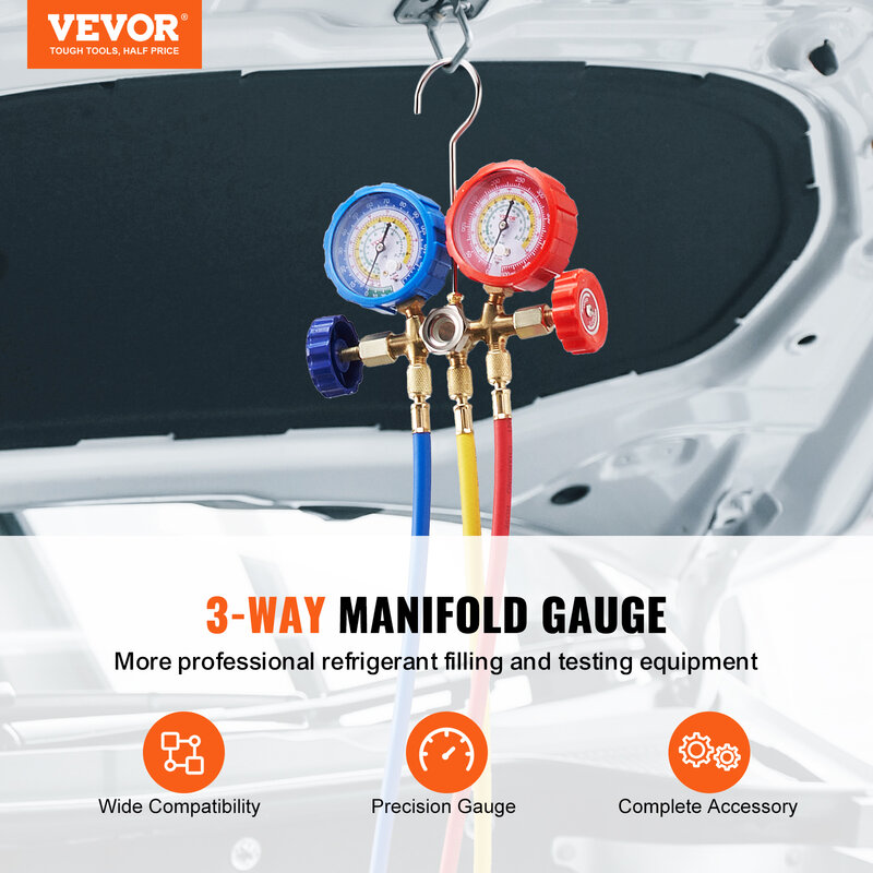 VEVOR AC Gauge Set 3 Way AC Manifold Gauge Set for R134A, R22, R12, R502 Refrigerant Works on Car Freon Charging and Evacuation