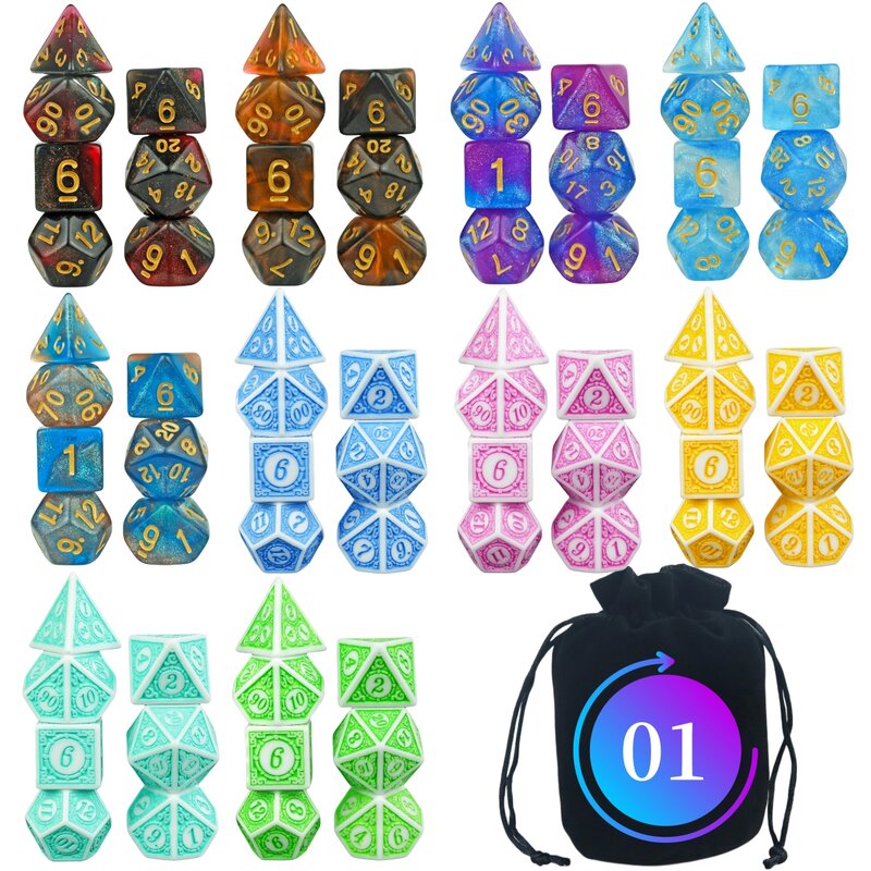 70Pcs/10Set Polyhedral Plastic Dice Set with Black Bag  D4-D20 for D&D Role Playing Game,Table Game, Board Games
