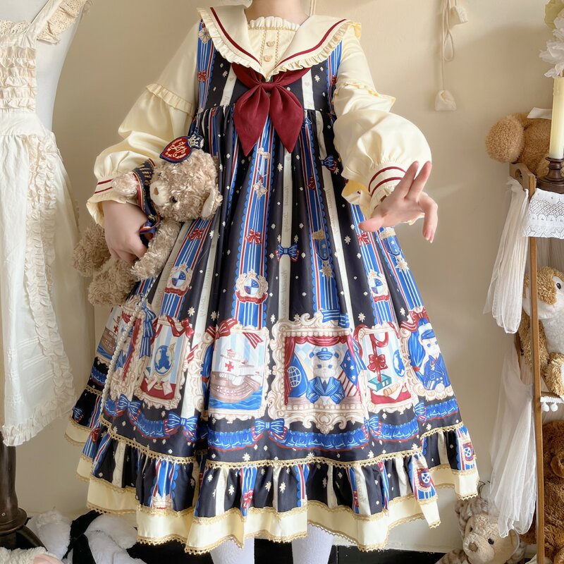 Lolita Kawaii urso estampado vestido de festa para mulheres, vestido de princesa azul babados, sisiter macio, traje de Halloween para meninas, vintage