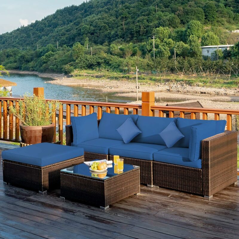 Outdoor Sectional Rattan Sofa Set with Back & Seat Cushions, Wicker Conversation Set with Tempered Glass Table