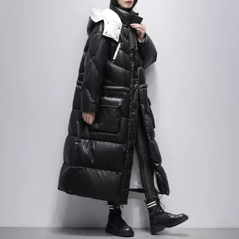 新しい女性のファッション冬のソリッドカラーx-ロングフード付きコート女性90% ホワイトダックダウンジャケット女性ルース暖かい上着2023