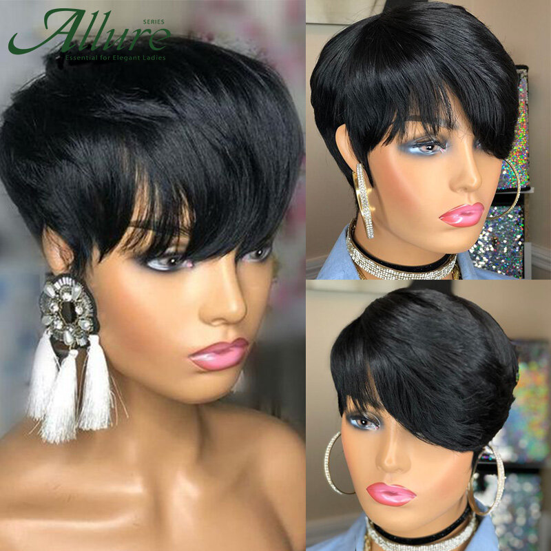 Pelucas de cabello humano Natural con corte Bob Pixie para mujeres negras, pelo Natural brasileño liso con flequillo, sin pegamento