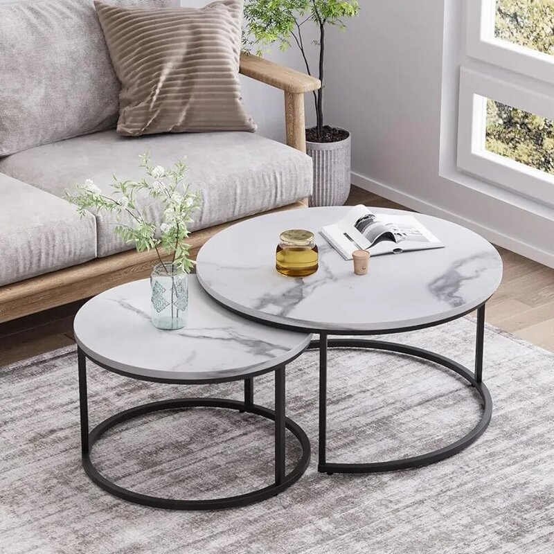 Кофейный столик, сервировочный круглый журнальный столик 31,5 дюйма, деревянный мраморный узор с регулируемыми нескользящими ножками, боковые стулья для гостиной