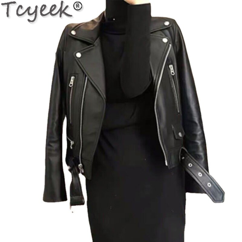 Tcyeek Sheepskin Genuine Leather Jacket Motorcycle Women's Leather Jacket Spring Autumn Coats Black Slim Short Jackets Chaquetas