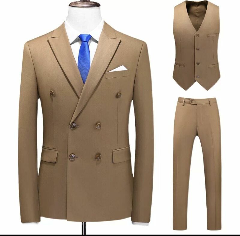 Beige männer anzug drei stück jacke, hosen und weste angepasst dünnen männer Anzug Hochzeit bräutigam besten mann anzug anzug