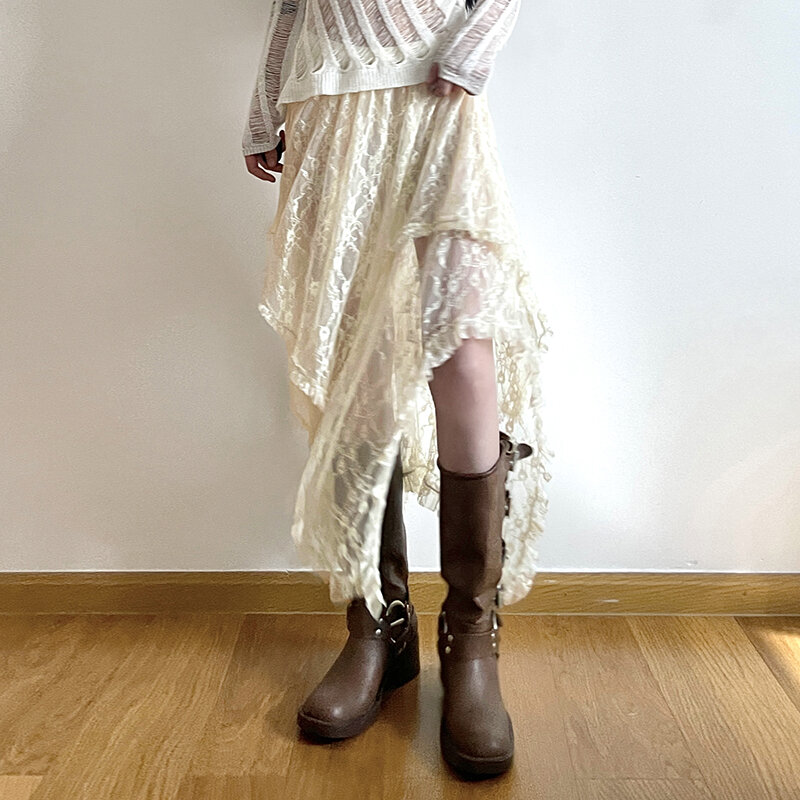 Асимметричная кружевная юбка HEYounGIRL, праздничная Женская одежда из Fairycore Y2K, модная Милая юбка средней длины с высокой талией, винтажная Женская юбка в эстетике