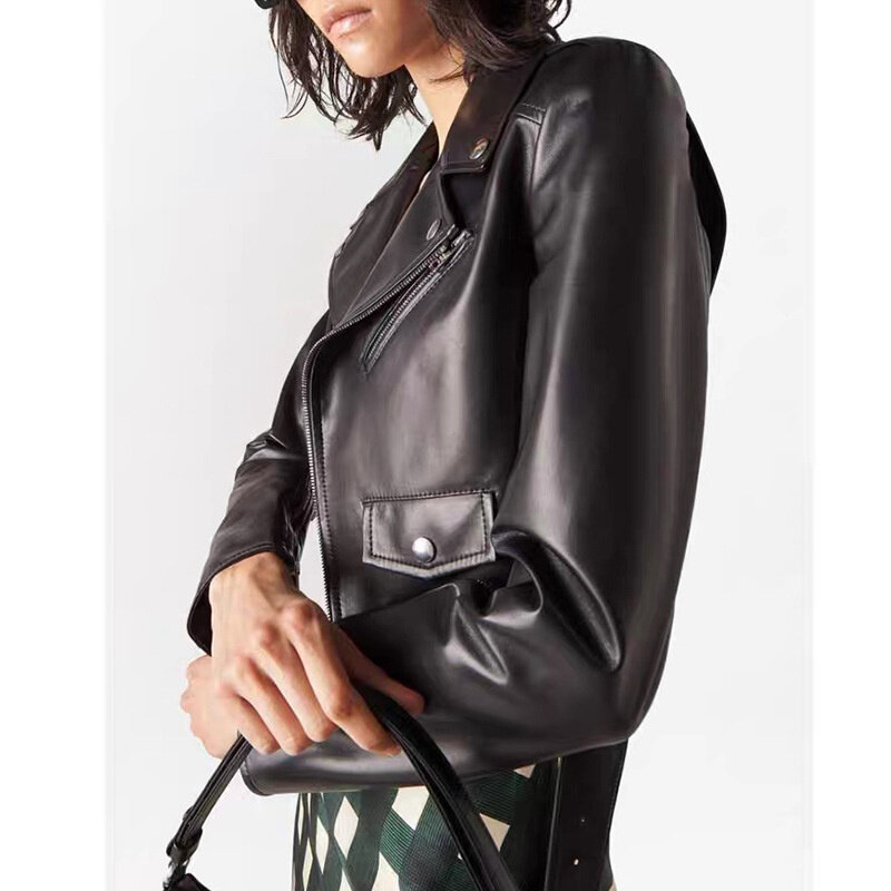 용수철 및 가을용 진짜 가죽 재킷, 여성용 최고 레이어 양가죽 짧은 재킷, 블랙 오토바이 가죽, 2024