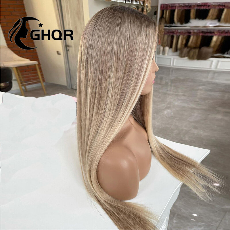 Wig rambut manusia 360 renda Frontal penuh renda wig untuk wanita transparan Highligh lurus coklat akar abu pirang rambut Brasil