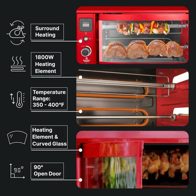Brazilian Flame Rotisserie Grill Roaster with 2 Auto Rotating Indoor Skewers for Rotisserie Chicken, Steak, Fish, Brazilian BBQ