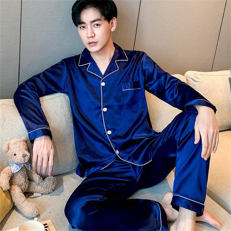 Conjunto de pijama de 2 piezas para hombre, camisa de manga larga, ropa de dormir de seda de hielo sólida, talla grande, verano y otoño