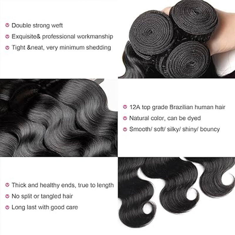 Human Hair Bundles Body Wave Remy Hair Extensions Weft Natural Black 18-24Inch Weave Brazilian Hair for Women 100% Human Hair