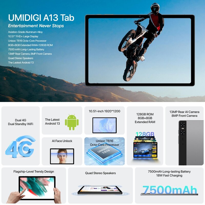 Umidigi แท็บ A13โทร4G แท็บเล็ต PC โทรศัพท์10.51 "จอแสดงผล Android 13 unisoc T616 OCTA-core 8GB + 128GB แบตเตอรี่7500mAh 13MP WIFI WIFI BT