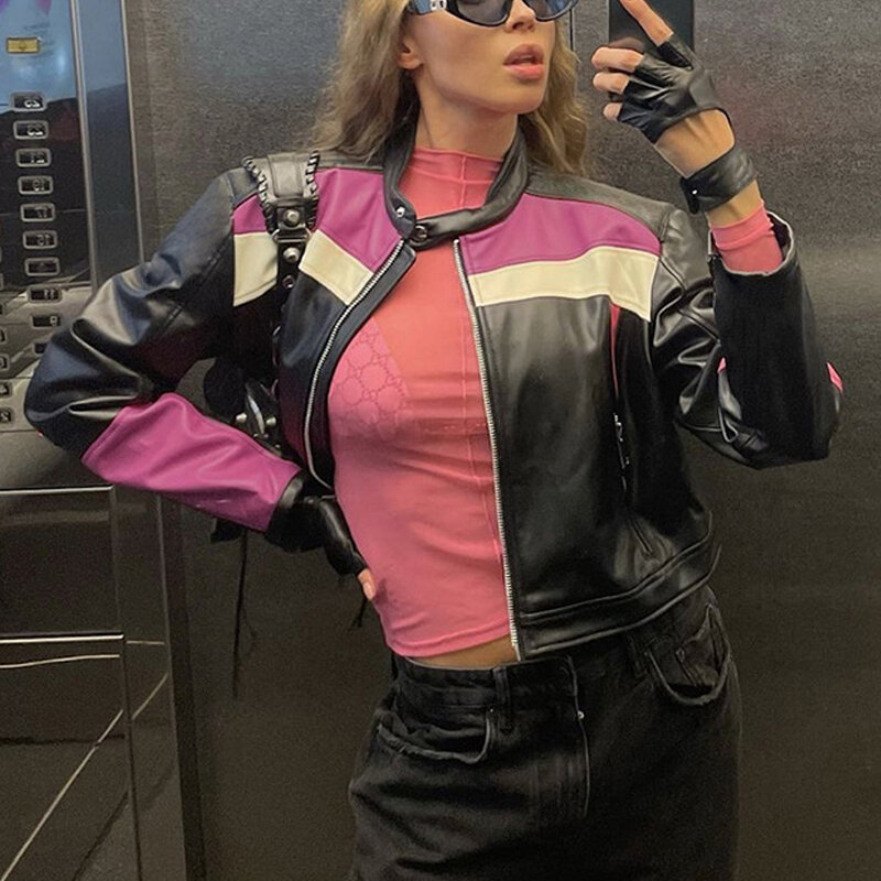Goth Bikercore warna kontras Faux Pu Moto jaket Cyber Y2k Punk kulit Zip Up mantel Gotik wanita saku Slim Streetwear