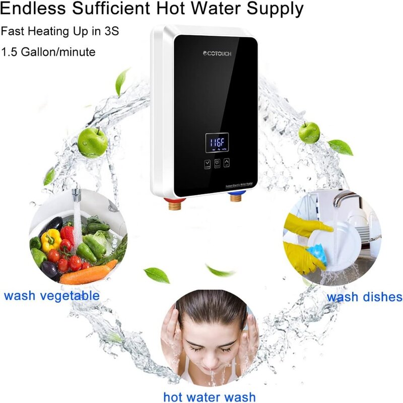 Tankless Water Heater Electric 6.5kw 240V, ECOTOUCH Point-of-Use Hot Water Heater Digital Display,Electric  Hot Water