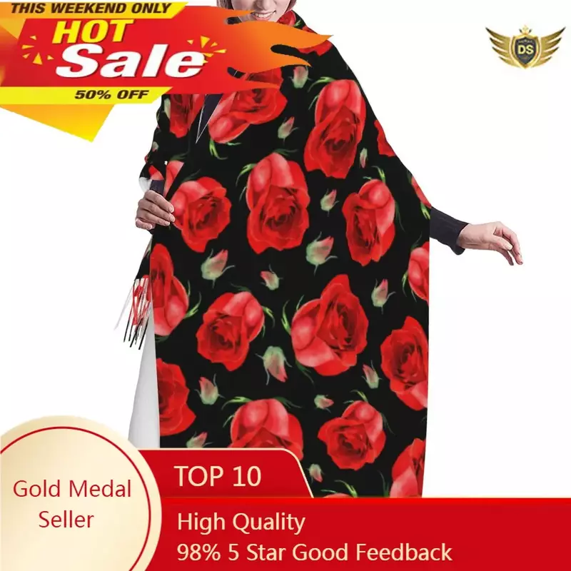 Осенне-зимние теплые шарфы, модная шаль с красными цветами розы, шарфы с кисточками, повязка на голову, хиджабы, палантин