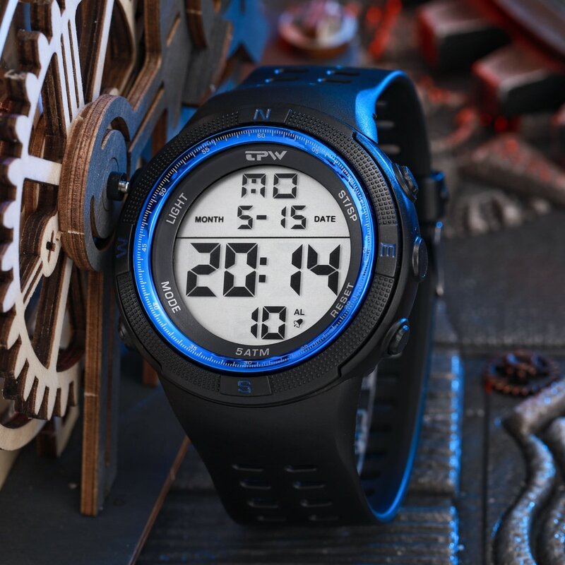 Tpw übergroße 53mm Digitaluhr für männliche 5atm Schwimm kalender