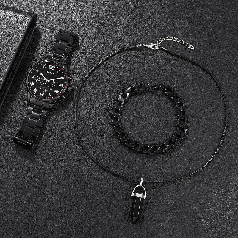 3PC Set Fashion Mens Business Calendar Watches Men Casual Black Bracelet Necklace Stainless Steel Quartz Watch Relogio Masculino