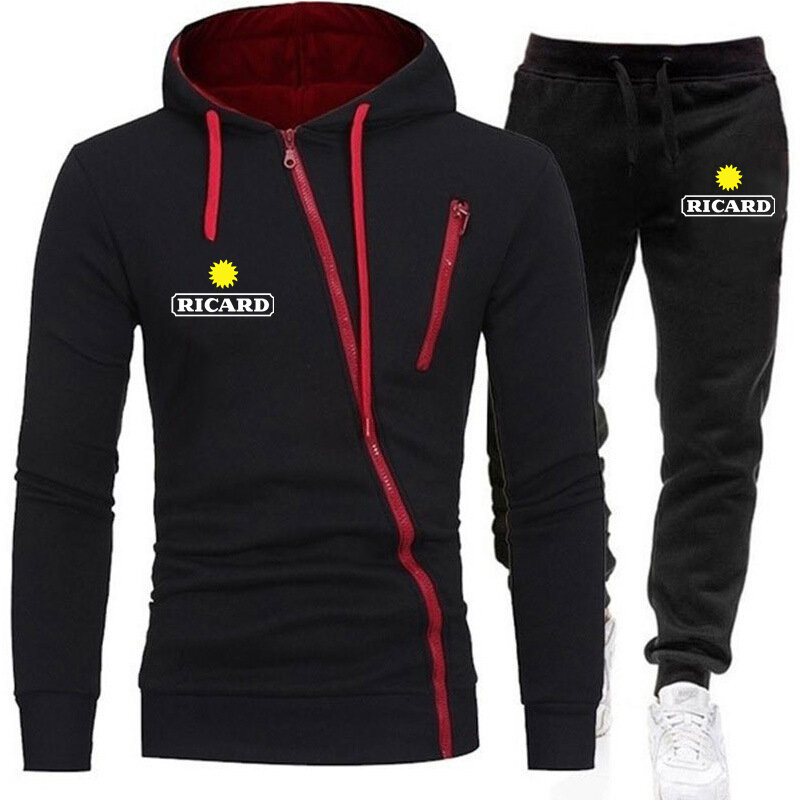 New Brand RICARD Logo Printed Customizable Solid Color Long Sleeve Men Zipper Jacket Hoodie + Pants Man Sportswear Suit Casual