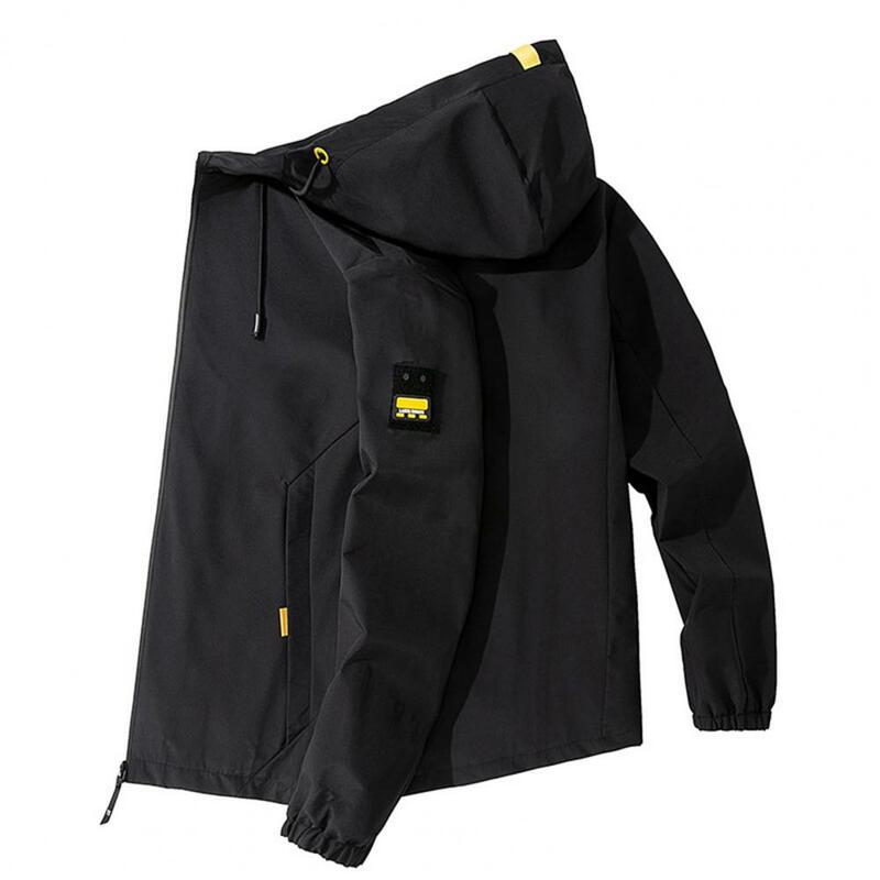 Men Autumn Winter Coat Hooded Long Sleeve Pockets Zipper Closure Casual Mid Length Drawstring Elastic Cuff Men Jacket